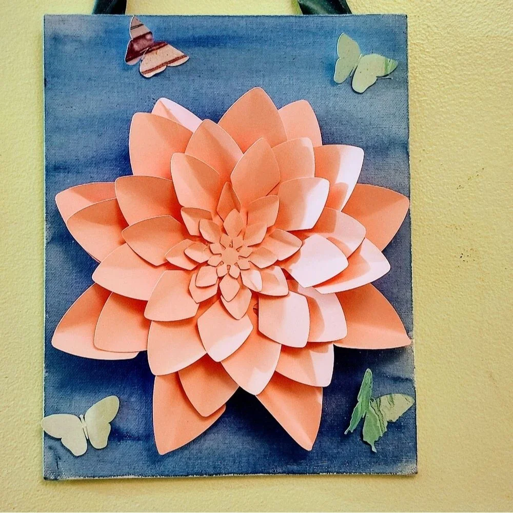 Handmade Dahlia Flower Canvas Wall Art, Mixed Media Watercolor Painting, Pink